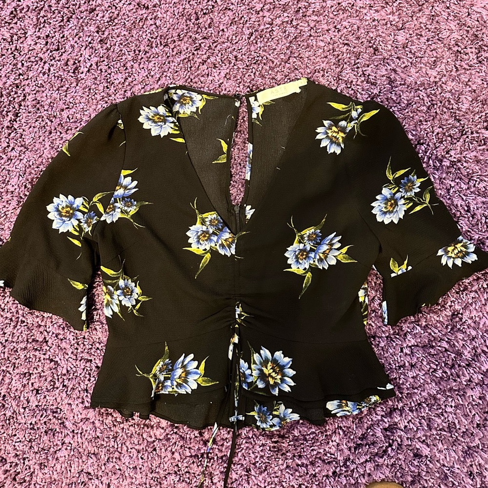 Black floral blouse with tie front detail